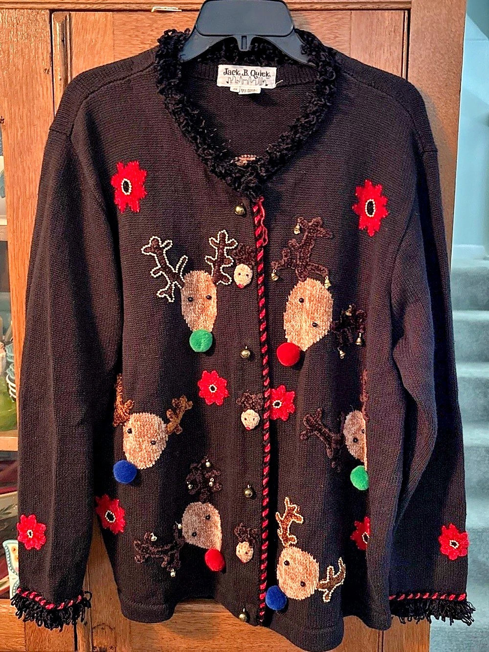 Jack B. Quick Embroidered Reindeer Cardigan in Black & Red Like New